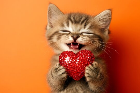 Cute savannah baby cat with sparkling rhinestones red heart - emblem of love, funny greeting card. Commercial creative. Savannah - my preferred cat. Romantic valentine love. Romantic cat art.