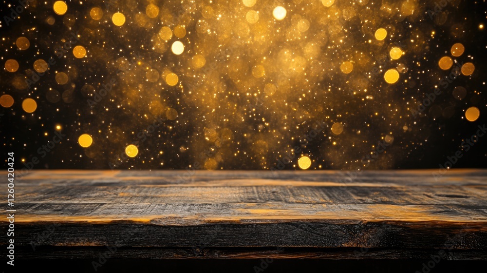 Poster wooden table in front of a vibrant yellow bokeh background featuring high-quality empty space for te