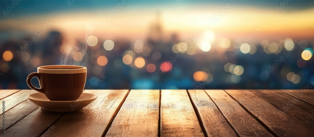 Poster coffee cup on a rustic wooden table with a bokeh sunset background and ample empty space for text or