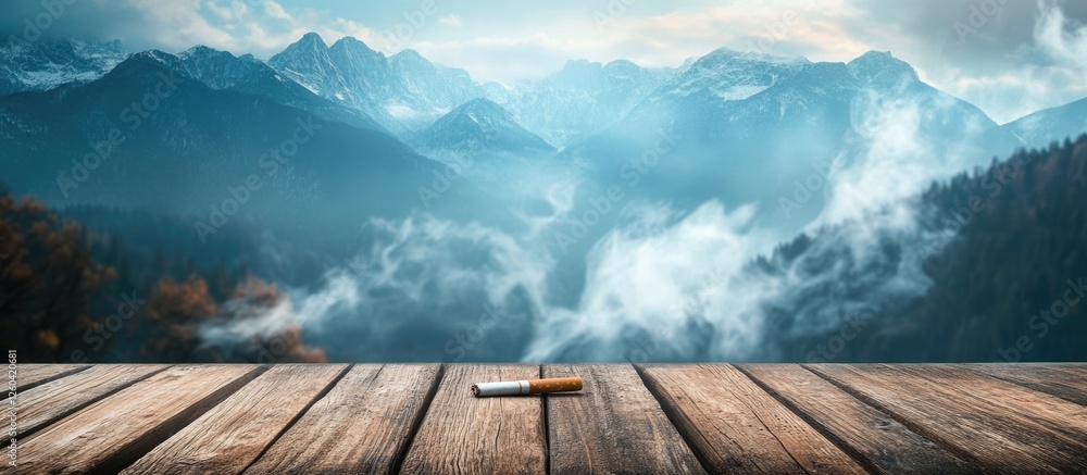 Poster scenic mountain view from a wooden table with cigarettes and ample empty space for text above the tr