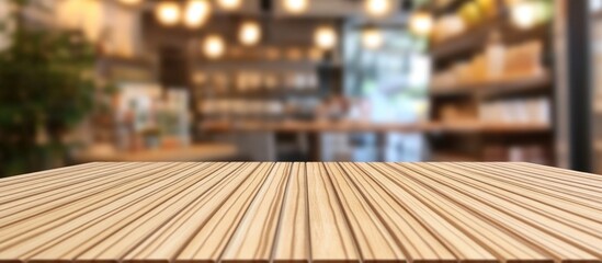 Wooden tabletop mockup with blurred kitchen background for product display and customizable text space in a contemporary setting