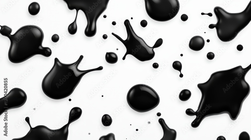 Poster a collection of black paint splashes on a white background, creating a dynamic and artistic visual e