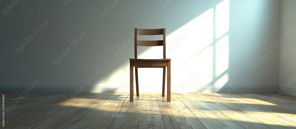 Poster Bright room featuring a solitary wooden chair on a wooden floor with empty space for text and soft light streaming through a window