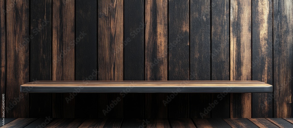 Poster vertical wooden store shelf against dark rustic wall with empty space for text or product display