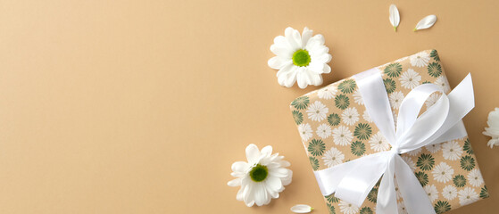 Happy Mothers Day banner design with gift box and chamomile flowers on pastel beige background.