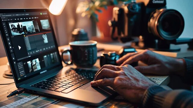 Video editing. Content creator's desk with laptop, coffee, and camera, focusing on editing a vlog in a serene work atmosphere