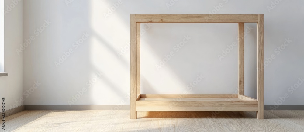 Aufkleber wooden toy cot displayed on playroom floor with empty white walls creating a spacious environment id