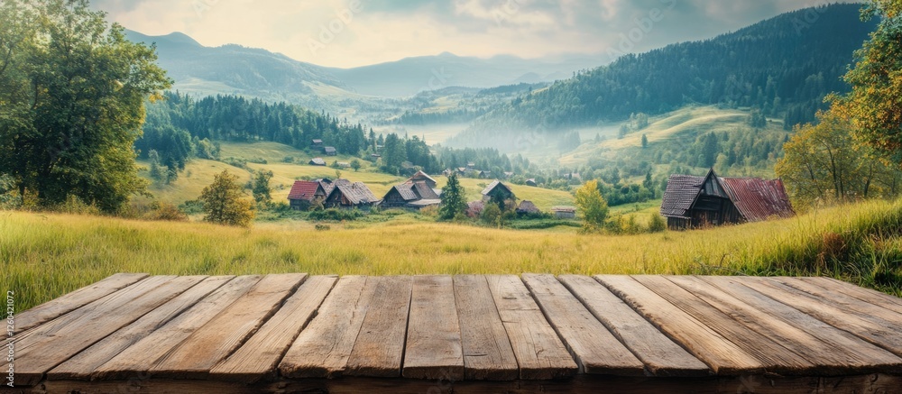 Poster rustic wooden table in front of a serene village landscape with hills and empty space for text or de
