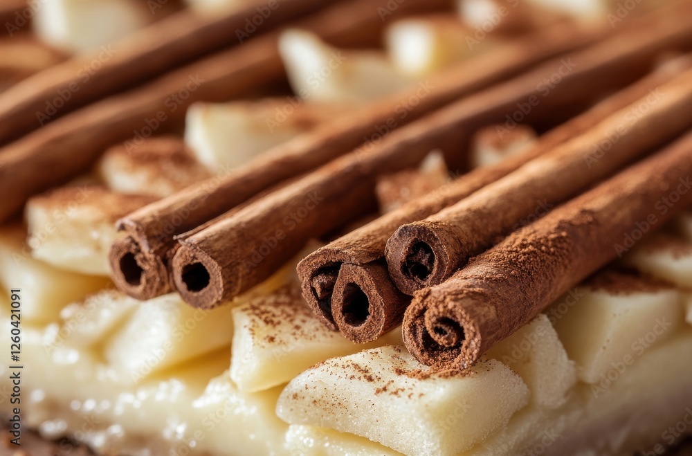 Aufkleber close-up of cinnamon sticks on sliced apples with cocoa dusting on a dessert plate, featuring textur