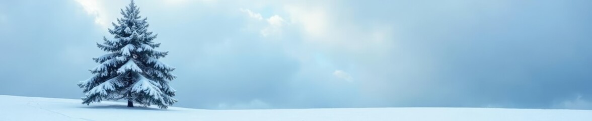 Fototapeta premium Snow covered pine tree against a blue grey sky with clouds, wintry, landscape, blue grey