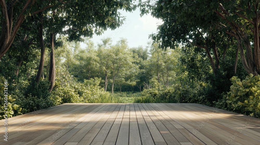 Aufkleber serene wooden walkway framed by lush greenery creating a peaceful atmosphere with ample copy space f