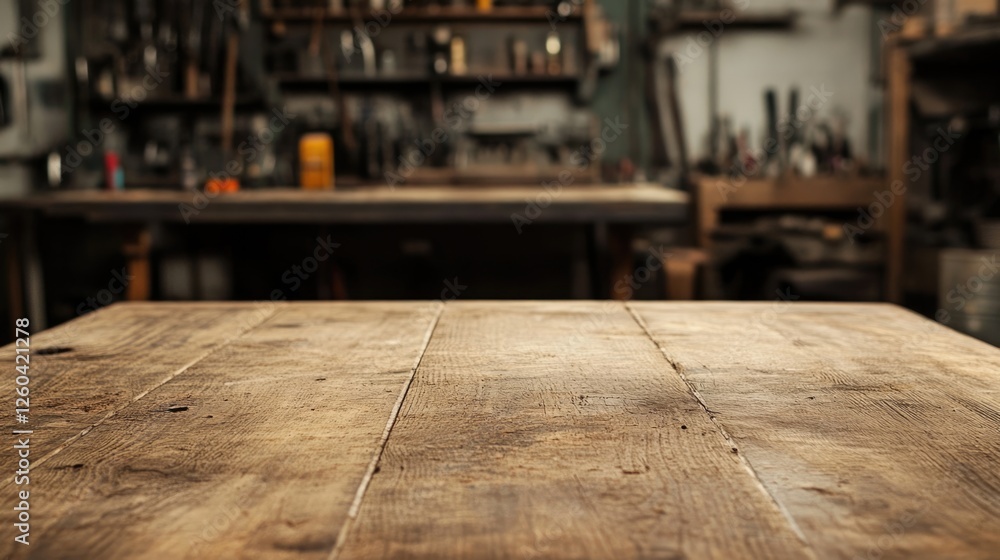 Poster vintage wooden workshop table with hand tools and empty space for text or design elements in a rusti