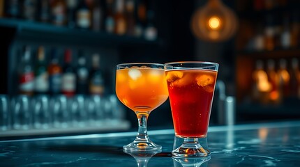 Close up shot of two Colorful Cocktails on Bar