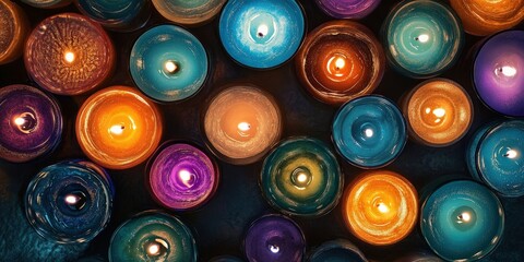 A mesmerizing array of diverse candles encircles a grand centerpiece. Their vibrant hues dance in the glow, casting warm light across the scene