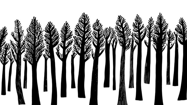 Linocut style trees vector, black nature on transparent background