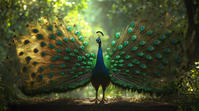 A stunning male peacock shows off its vibrant tail feathers to impress a female. This image is perfect for creating eye-catching content.
