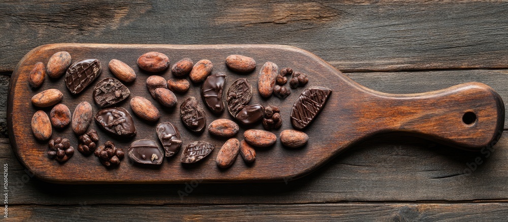Poster wooden paddle displaying raw chocolate and cocoa beans on rustic background with blank space for tex
