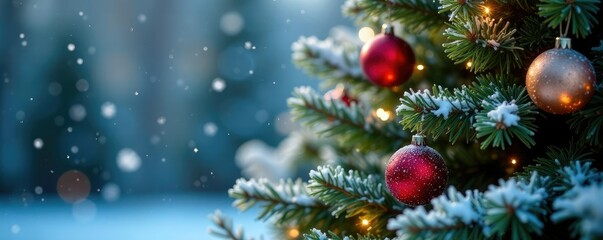 Obraz premium Snowflakes fall around a fir tree adorned with sparkling ornaments in a frosty atmosphere, decoration, winter, crystal