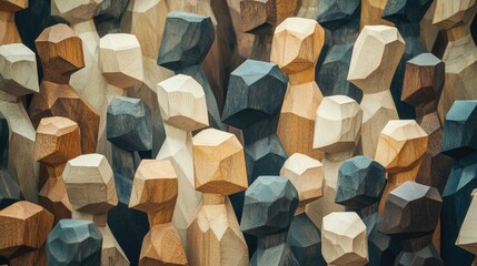 Wooden Figurines Symbolizing Individuality in a Crowded Setting with Blank Space for Text Integration