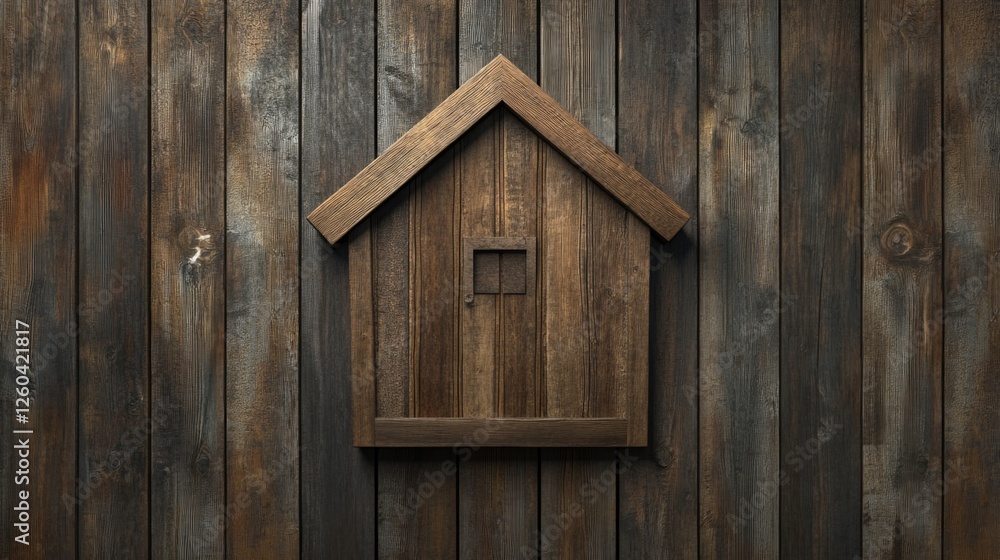 Poster wooden house icon centered on rustic wood panel background featuring ample empty space for text or g