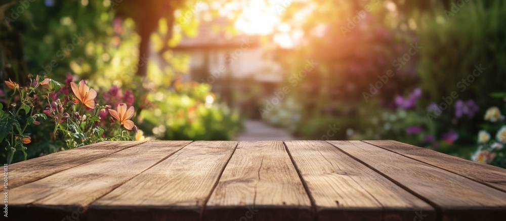 Poster wooden table with blurred garden backdrop creating ideal space for text or product display in a sere
