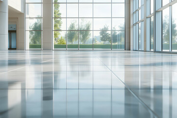 Modern office lobby with expansive windows showcasing a tranquil outdoor landscape.  Ideal for corporate and architectural imagery.