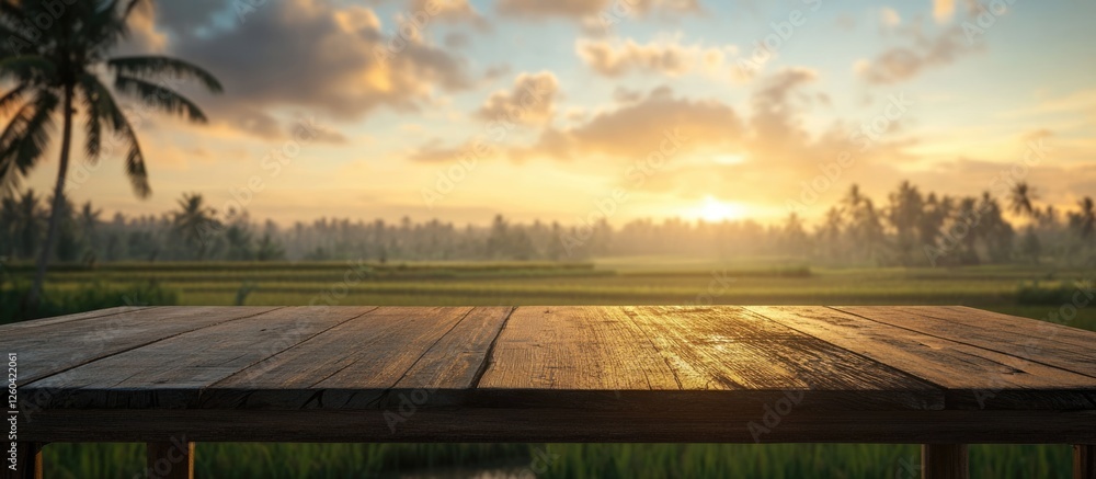 Poster scenic wooden table overlooking rice fields at sunset with space for product display and text in a s