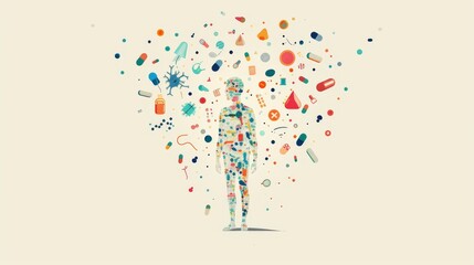 Obraz premium A human silhouette with vibrant pills, medical tools, and abstract symbols scattered around, representing medical themes and wellness. AI generated.