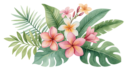 Water color of tropical spring floral green leaves 