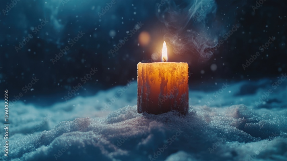 Poster candle in snowy landscape capturing winter atmosphere with soft glow and space for text overlay