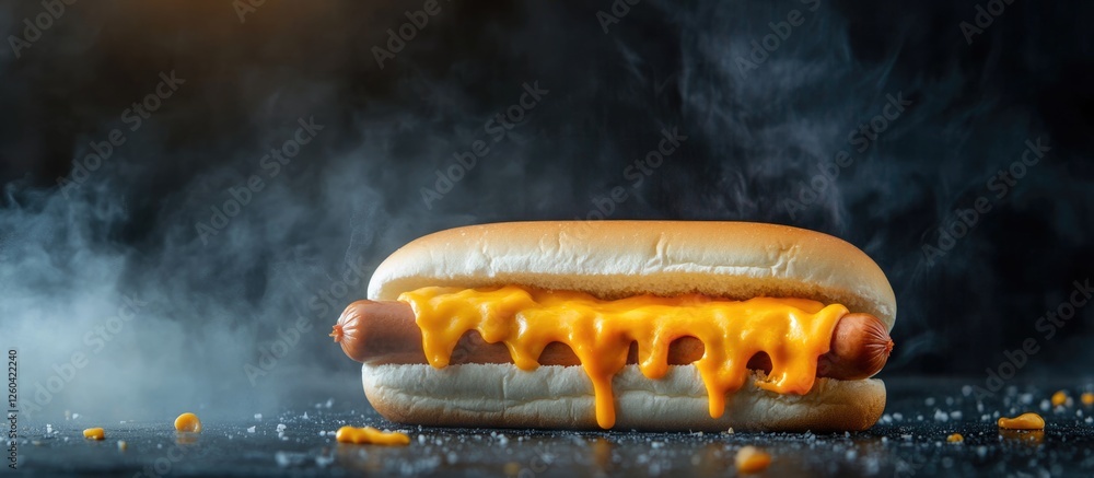 Poster Cheese Melting Over a Hot Dog in a Soft Bun with Empty Copy Space for Text on a Dark Background