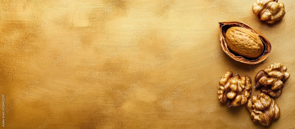 Poster walnut shell and kernel on a luxurious gold background with ample empty space for text or branding o