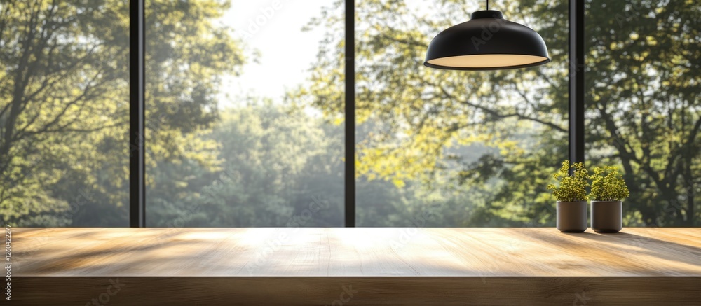 Poster Wooden table with pendant lamp and natural light from large window creating an inviting workspace with space for text or design elements