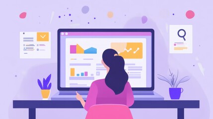 Vector illustration of woman working with graphs and charts on computer screen 