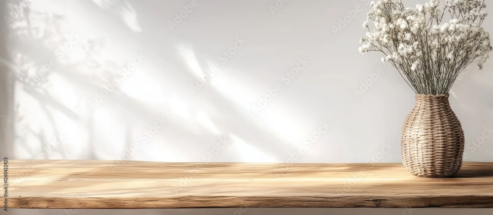 Poster wooden table with white background and summer vibes ideal for text placement and creative presentati