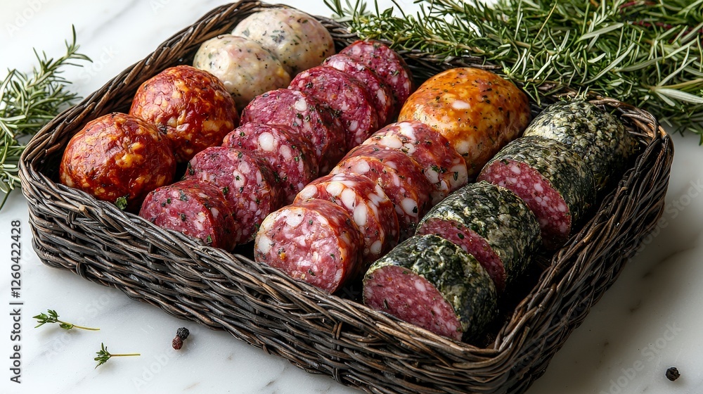 Poster an artfully designed selection of sausages enhanced with green garnishes, creating a visually appeal
