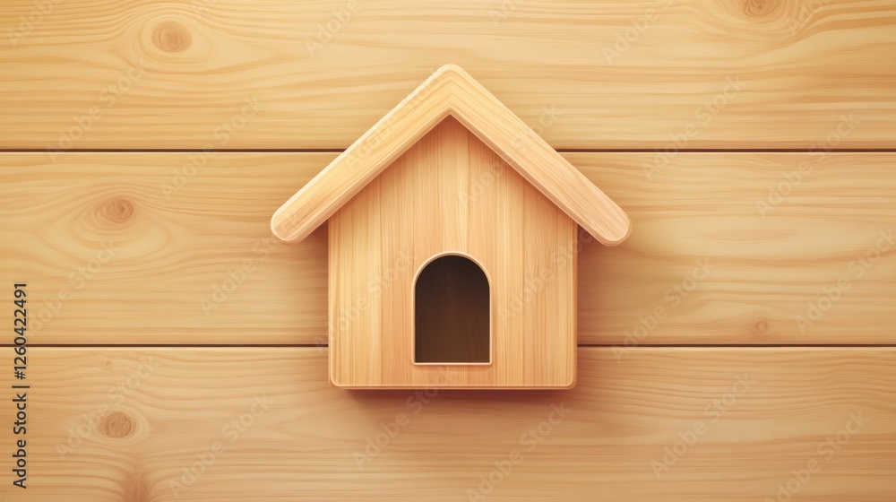 Poster wooden house icon on a square wood panel background with ample space for text or design elements in 