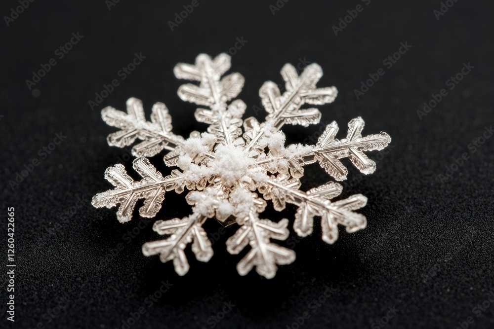 Poster a single intricate snowflake rests on a dark surface