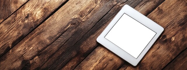 White Tablet on Wooden Table with Blank Screen Ideal for Text Overlay and Presentation of Digital Content in a Rustic Environment