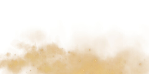Fantastic golden smoke background. Magic golden smoke with glitter and small particles of twinkling stars. Fog with luminous particles. Yellow vapor with stardust. Morning fog over land or water. PNG.