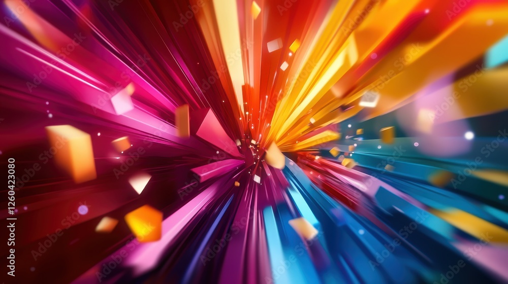 Poster a vibrant explosion of colors radiating in dynamic beams, creating an energetic and captivating visu