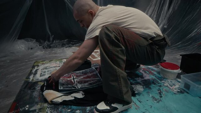 High angle shot of young concentrated Caucasian craftsman customizing jacket using stencil applying fabric painting technique working on floor in indoor workshop with painting materials around