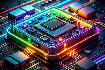 Obraz premium High-tech electronic innovation: a neon-drenched, futuristic device embodies cyberpunk technology.