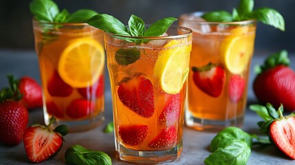 A high-contrast image of strawberry basil lemonade served in a vintage glass, highlighting the deep red and golden hues, isolated on a soft-focus background
