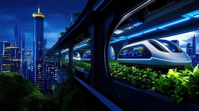 Futuristic transportation concept featuring advanced monorails illuminated against a vibrant city skyline, showcasing technology and greenery in a harmonious urban environment.
