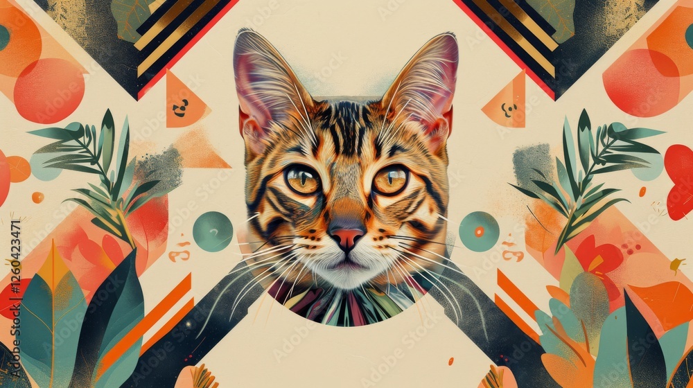 Poster bengal cat's face surrounded by abstract geometric patterns and botanical elements in vibrant hues. 