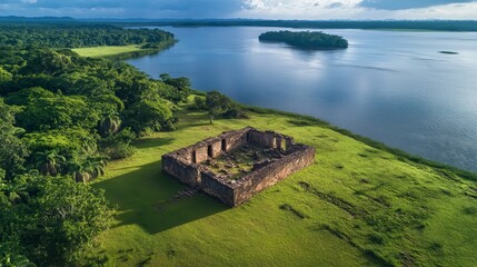 Fototapeta premium Aerial view of ancient ruins in the town of Velho Airao within the Amazon rainforest, Brazil.