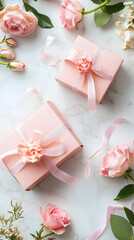 Three pink gift boxes with bows and ribbons on top of them
