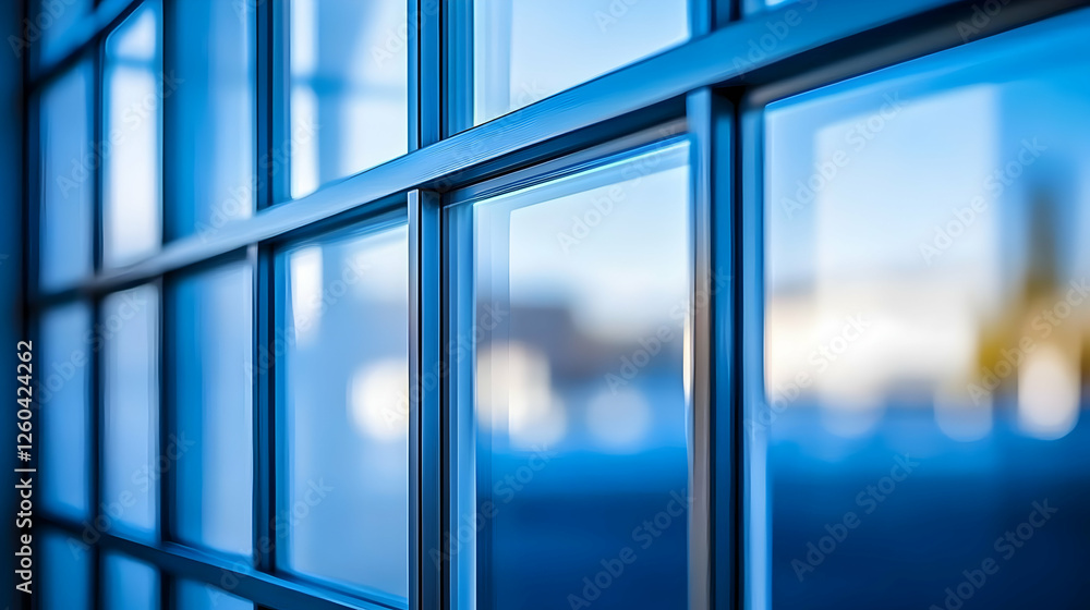 Poster abstract close-up of a modern window pane, showcasing intricate details and reflections of a blurred
