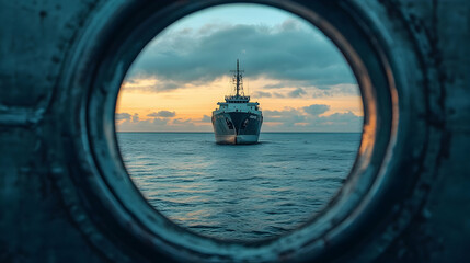 Naklejka premium Periscope photography capturing a ship at sea, framed within the circular lens against a backdrop of soft clouds